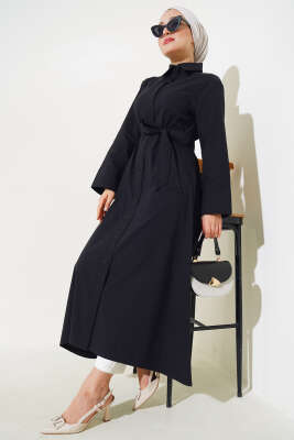 Pazarium - Gömlek Yaka Boy Düğmeli Tunik Siyah