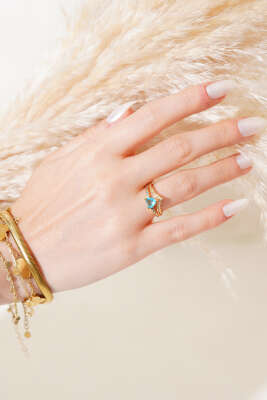 Mavi Kalpli Taşlı Yüzük Gold - Thumbnail