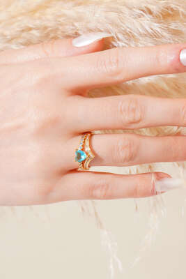 Mavi Kalpli Taşlı Yüzük Gold - Thumbnail