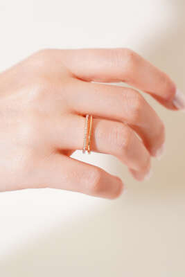 İki Sıra Taşlı Yüzük Gold - Thumbnail