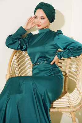 Taş Kuşaklı Elbise Zümrüt - Thumbnail