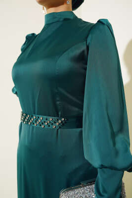 Taş Kuşaklı Elbise Zümrüt - Thumbnail