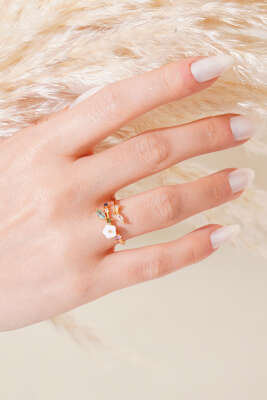 Beyaz Çiçekli Yüzük Gold - Thumbnail