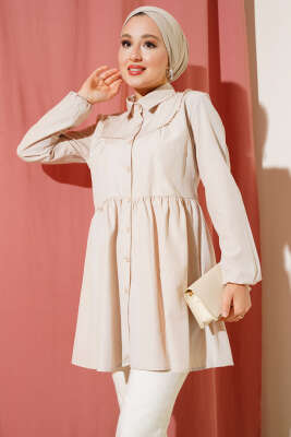 Pazarium - Önü Dantelli Gömlek Taş