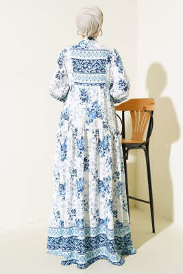 Desenli Yarı Patlı Elbise Beyaz Mavi - Thumbnail