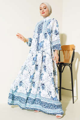 Desenli Yarı Patlı Elbise Beyaz Mavi - Thumbnail