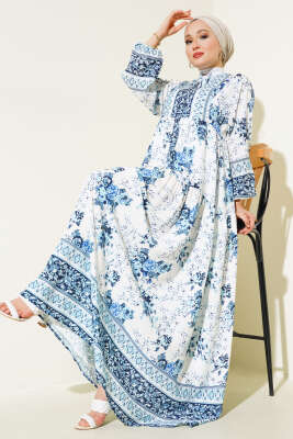 Desenli Yarı Patlı Elbise Beyaz Mavi - Thumbnail