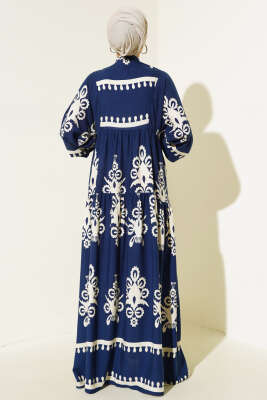 Desenli Yarı Patlı Elbise Lacivert Bej - Thumbnail