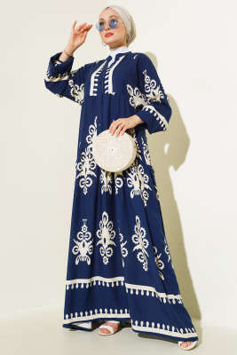 Desenli Yarı Patlı Elbise Lacivert Bej - Thumbnail