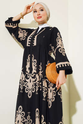 Desenli Yarı Patlı Elbise Siyah Bej - Thumbnail