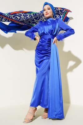 Piliseli Tüylü Manşet Elbise Saks - Thumbnail