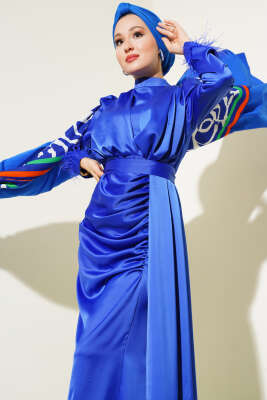 Piliseli Tüylü Manşet Elbise Saks - Thumbnail