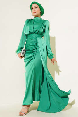 Pazarium - Piliseli Tüylü Manşet Elbise Yeşil