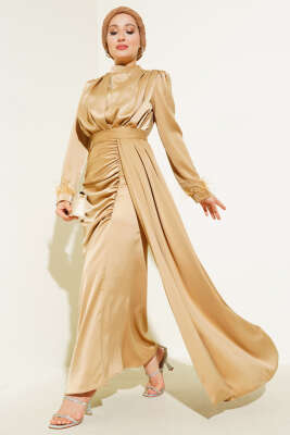 Piliseli Tüylü Manşet Elbise Latte - Thumbnail