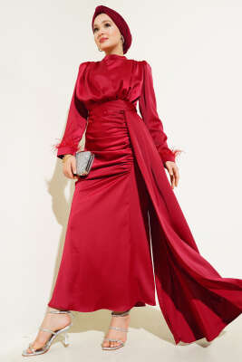 Piliseli Tüylü Manşet Elbise Bordo - Thumbnail