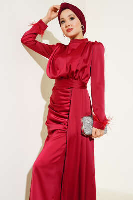 Piliseli Tüylü Manşet Elbise Bordo - Thumbnail