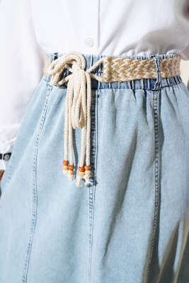 Hasır Kemerli Kot Etek Buz Mavisi - Thumbnail