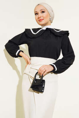 Pazarium - Fırfırlı Bebe Yaka Gömlek Siyah