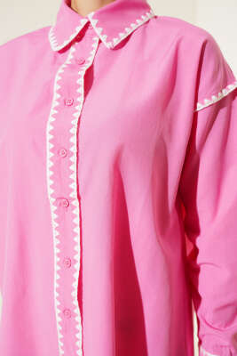 Kenarları Dikişli Gömlek Pembe - Thumbnail