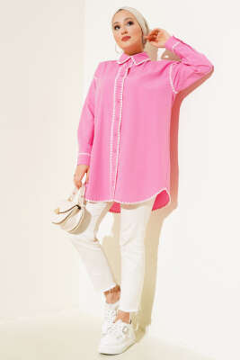 Kenarları Dikişli Gömlek Pembe - Thumbnail