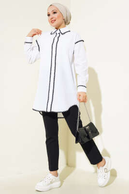 Kenarları Dikişli Gömlek Beyaz - Thumbnail