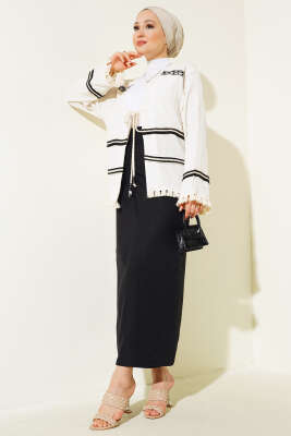 Eteği Püsküllü Kimono Bej - Thumbnail