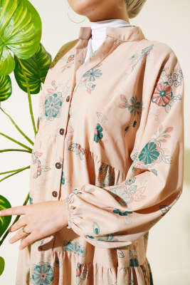 Çiçek Desen Yarım Düğmeli Kat Elbise Yeşil - Thumbnail