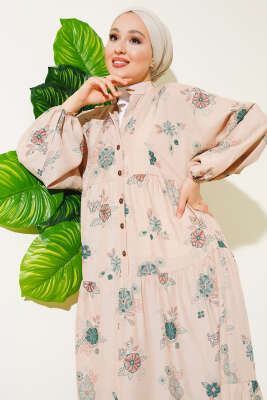 Çiçek Desen Yarım Düğmeli Kat Elbise Yeşil - Thumbnail