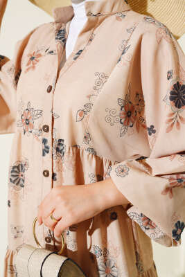 Çiçek Desen Yarım Düğmeli Kat Elbise Siyah - Thumbnail