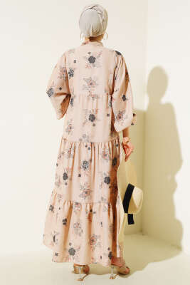 Çiçek Desen Yarım Düğmeli Kat Elbise Siyah - Thumbnail