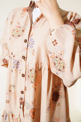 Çiçek Desen Yarım Düğmeli Kat Elbise Kahve - Thumbnail