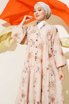 Çiçek Desen Yarım Düğmeli Kat Elbise Kahve - Thumbnail