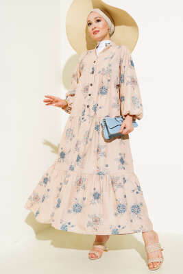 Çiçek Desen Yarım Düğmeli Kat Elbise İndigo - Thumbnail