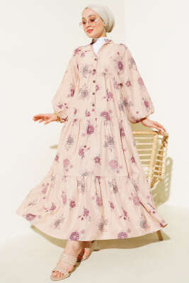 Çiçek Desen Yarım Düğmeli Kat Elbise Gül Kurusu - Thumbnail