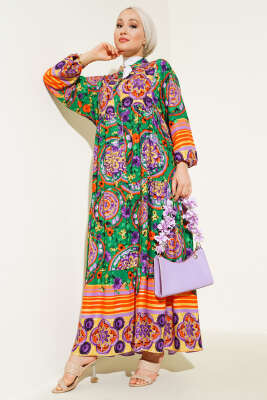 Pazarium - Desenli Önü Düğmeli Elbise Zümrüt