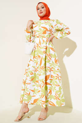 Karışık Desenli Terikoton Elbise Yeşil - Thumbnail