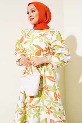 Karışık Desenli Terikoton Elbise Yeşil - Thumbnail