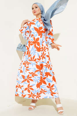 Karışık Desenli Terikoton Elbise Mavi - Thumbnail