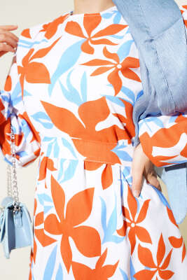 Karışık Desenli Terikoton Elbise Mavi - Thumbnail