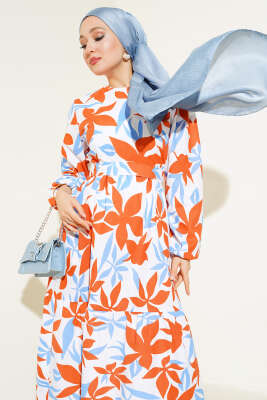 Karışık Desenli Terikoton Elbise Mavi - Thumbnail