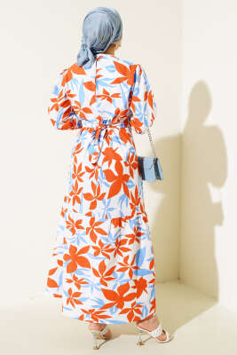 Karışık Desenli Terikoton Elbise Mavi - Thumbnail