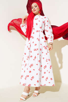 Karışık Desenli Terikoton Elbise Kırmızı - Thumbnail