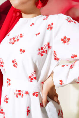 Karışık Desenli Terikoton Elbise Kırmızı - Thumbnail