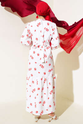 Karışık Desenli Terikoton Elbise Kırmızı - Thumbnail