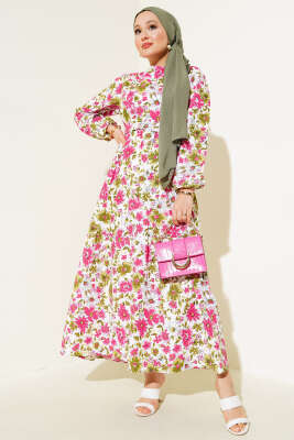 Karışık Desenli Terikoton Elbise Fuşya - Thumbnail