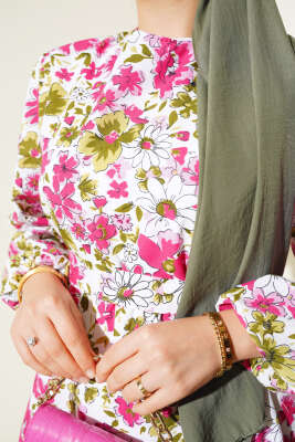 Karışık Desenli Terikoton Elbise Fuşya - Thumbnail