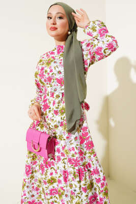 Karışık Desenli Terikoton Elbise Fuşya - Thumbnail