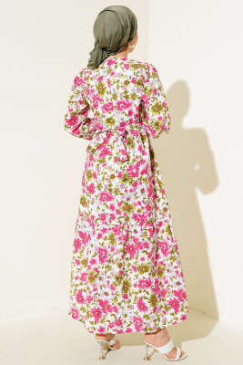 Karışık Desenli Terikoton Elbise Fuşya - Thumbnail