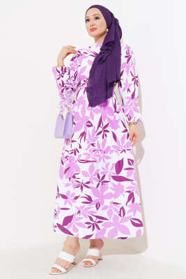 Karışık Desenli Terikoton Elbise Mor - Thumbnail