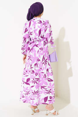 Karışık Desenli Terikoton Elbise Mor - Thumbnail